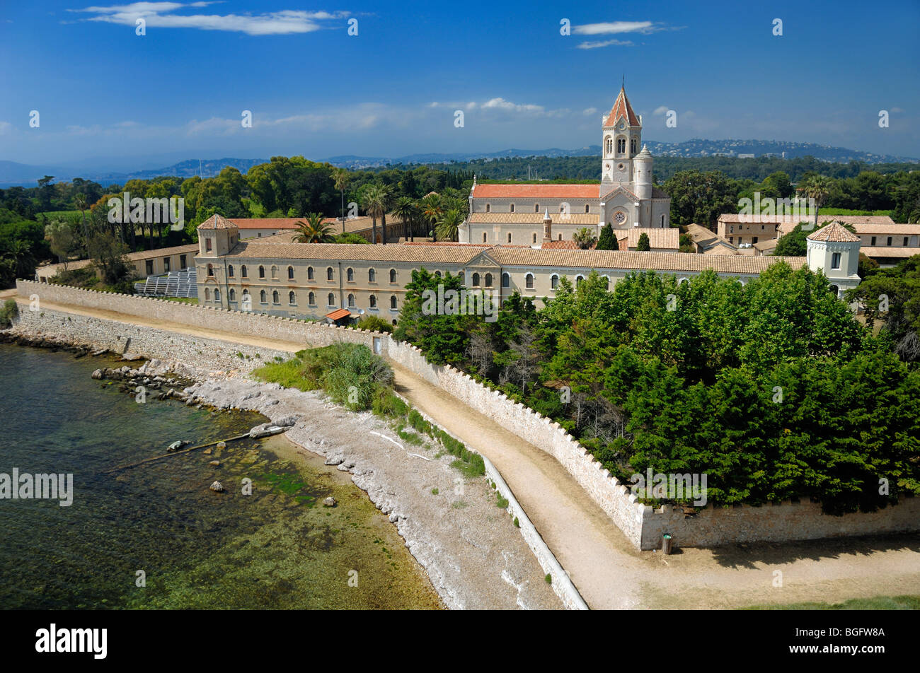 Lérins Cistercian Abbey from Fortified Medieval Monastery, Île Saint Honorat, Lérins Islands, Var, Côte d'Azur France Stock Photo