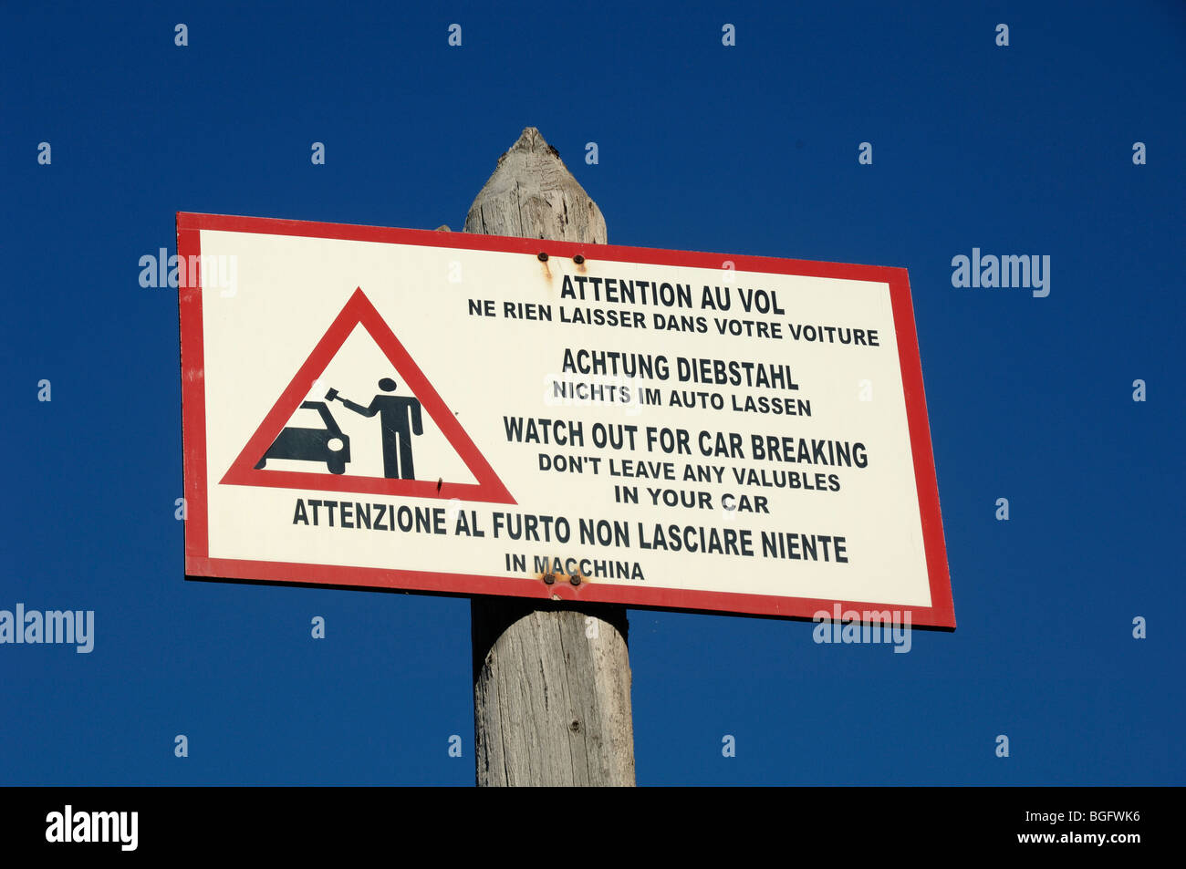 Beware of Car Thieves, Car Theft Warning Sign, Watch Out for Car Breaking, Côte d'Azur or French Riviera, France Stock Photo