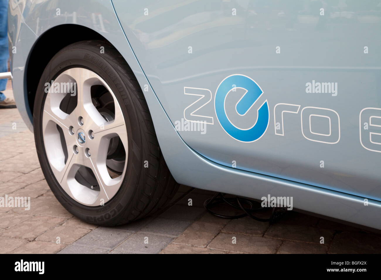 Close up of logo on Nissan Leaf electric car to be released in Fall 2010. Stock Photo