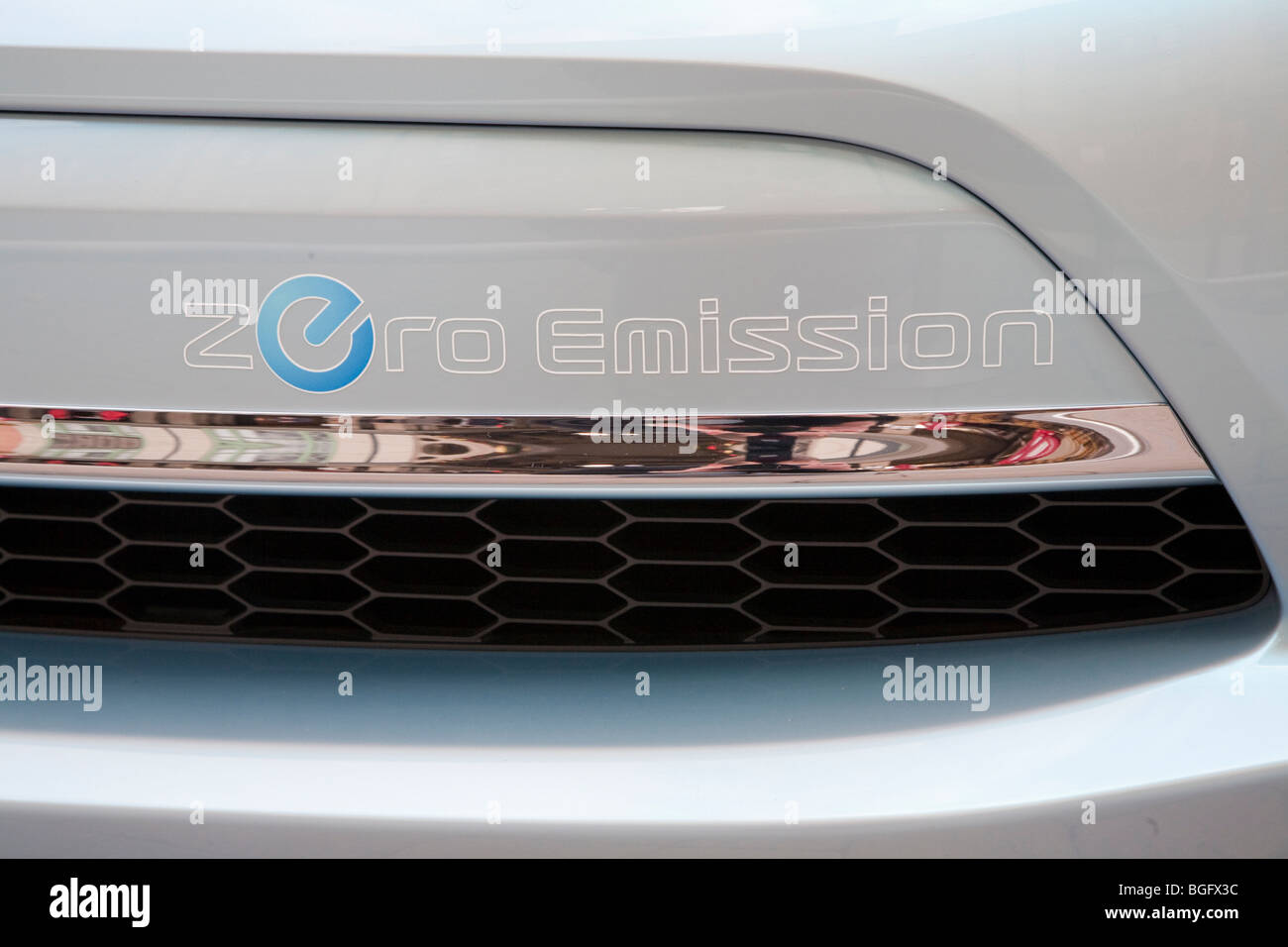 Close up of 'Zero Emissions' text on Nissan Leaf electric car. Nissan Leaf is scheduled to be released in Fall 2010 Stock Photo