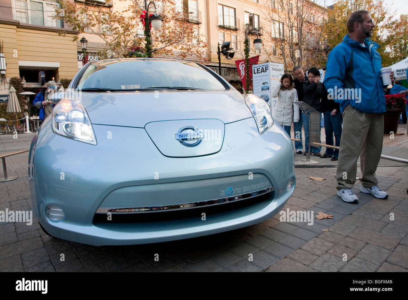 Front view of Nissan Leaf electric car. Nissan Leaf Zero Emission Tour promotional event. Stock Photo