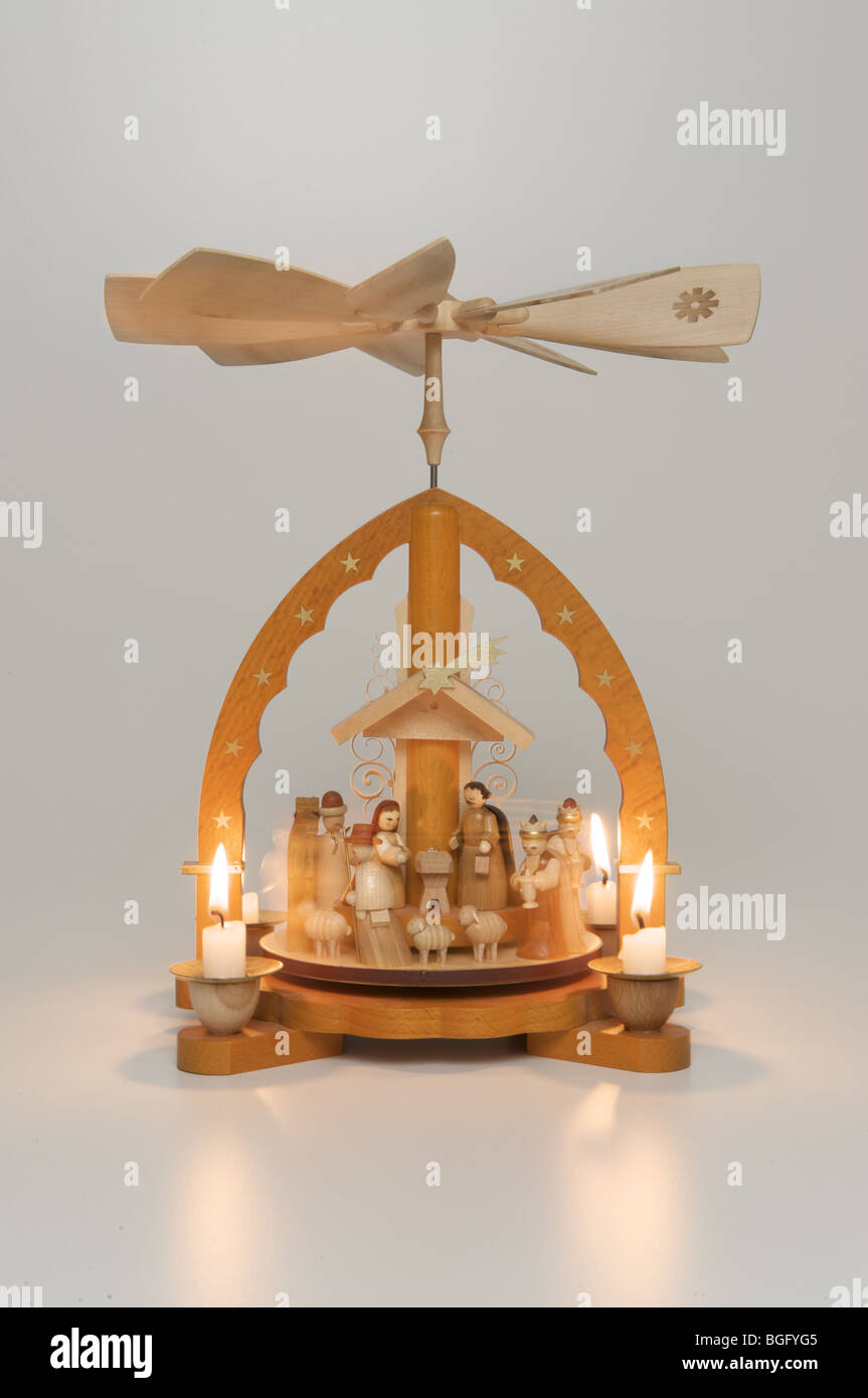 Traditional German wooden Nativity candle holder from Erzgebirge Stock