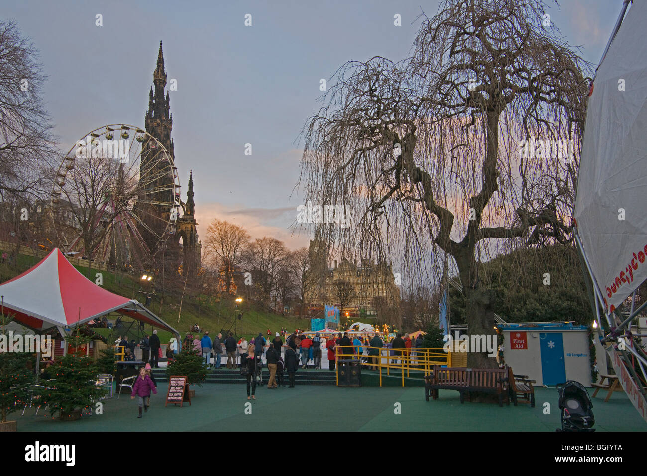 Edinburgh, sunset, ice rink, Princes Street Gardens, Scotland, November, 2009 Stock Photo
