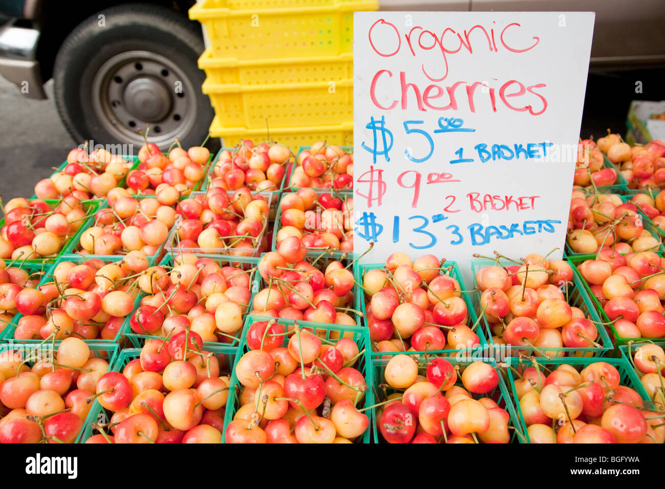 Close up of Organic Cherries on Sale at Ecology Center's Berkeley Farmers' Market. Berkeley, California, USA Stock Photo