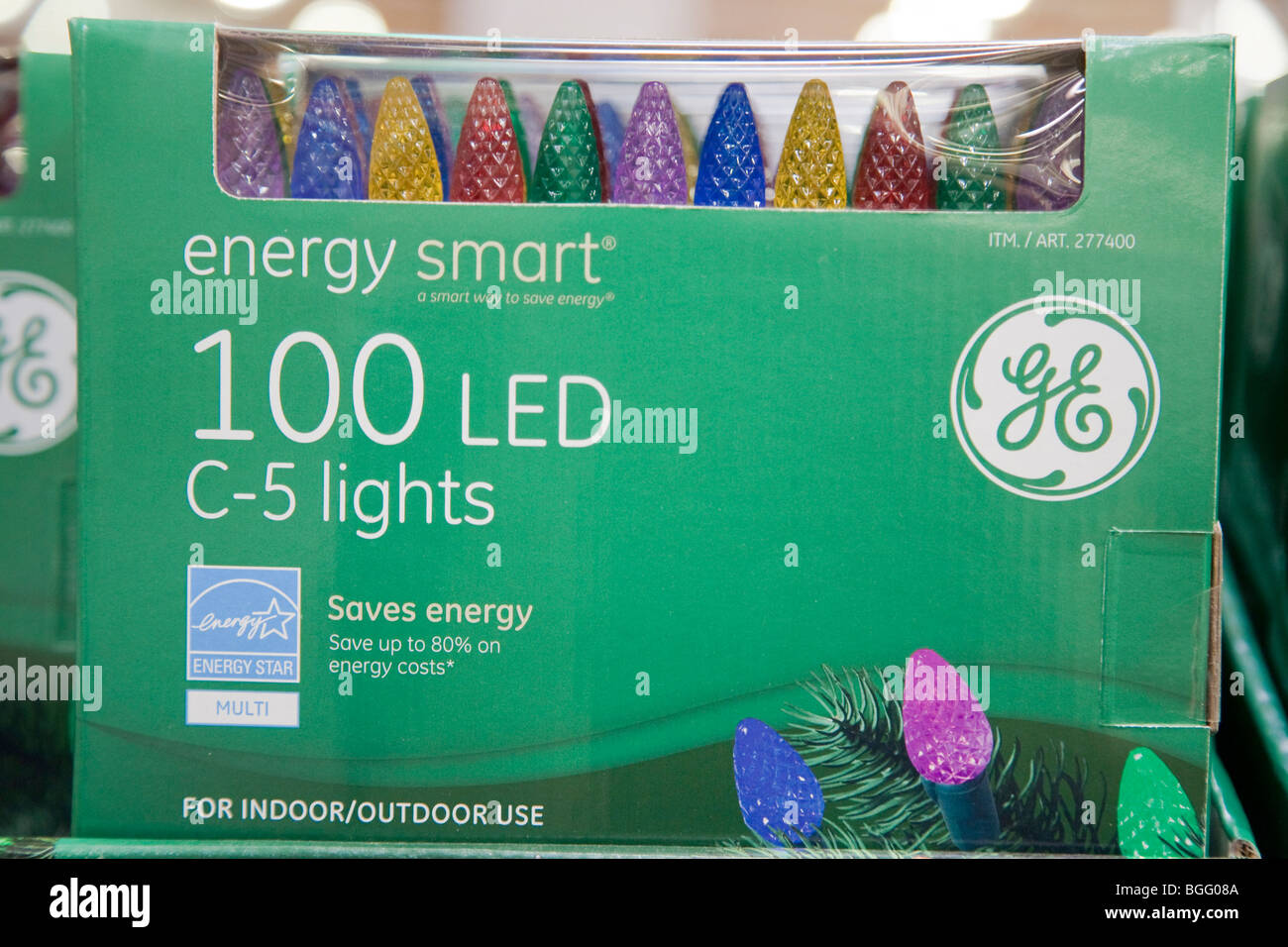 Close up of sustainable holiday lights in store. General Electric brand 'Energy Smart' energy efficient LED holiday lights. Stock Photo