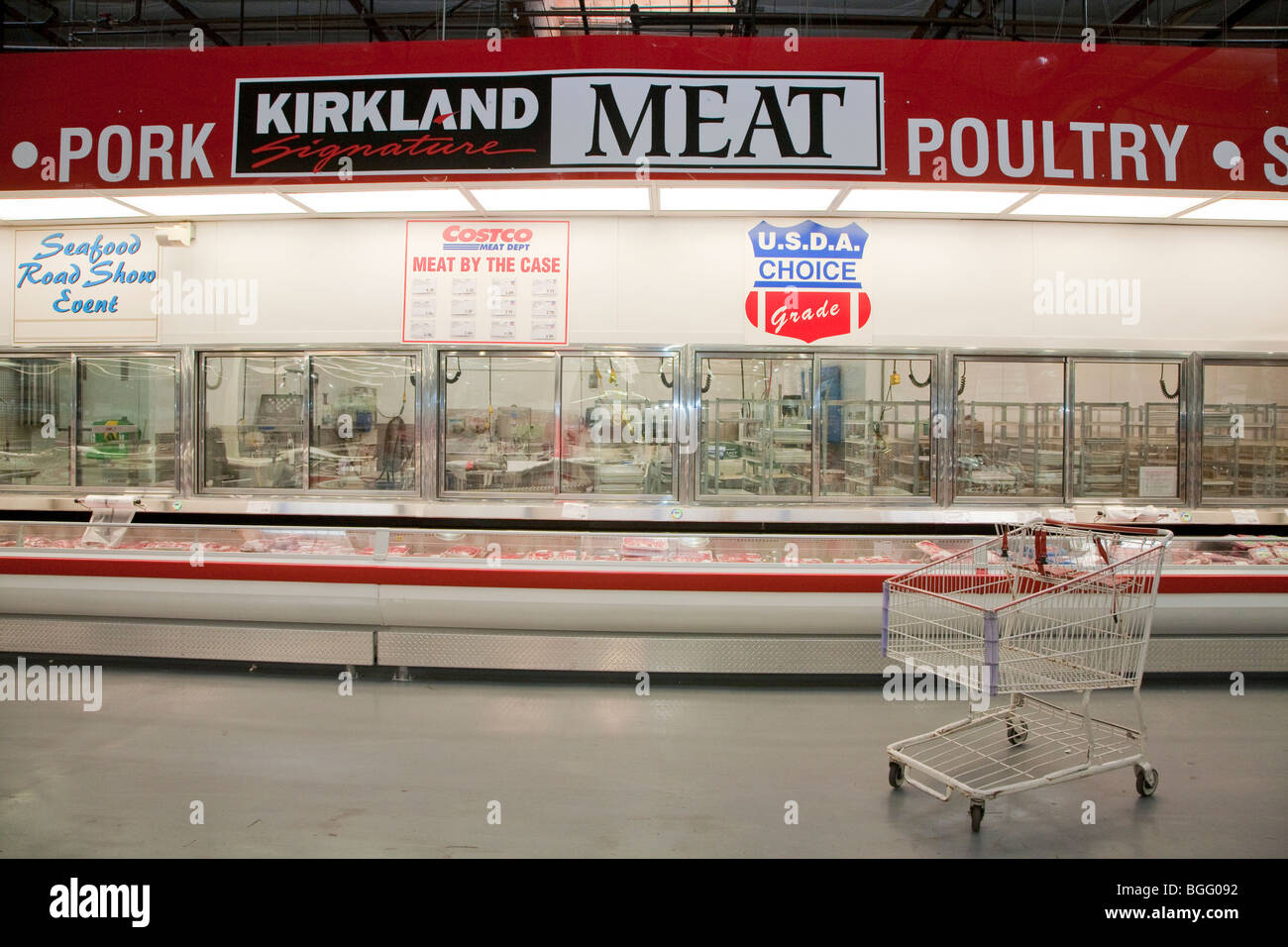 Meat and poultry section with Kirkland meat sign at Costco selling USDA Choice Grade Beef. Costco, California, USA Stock Photo