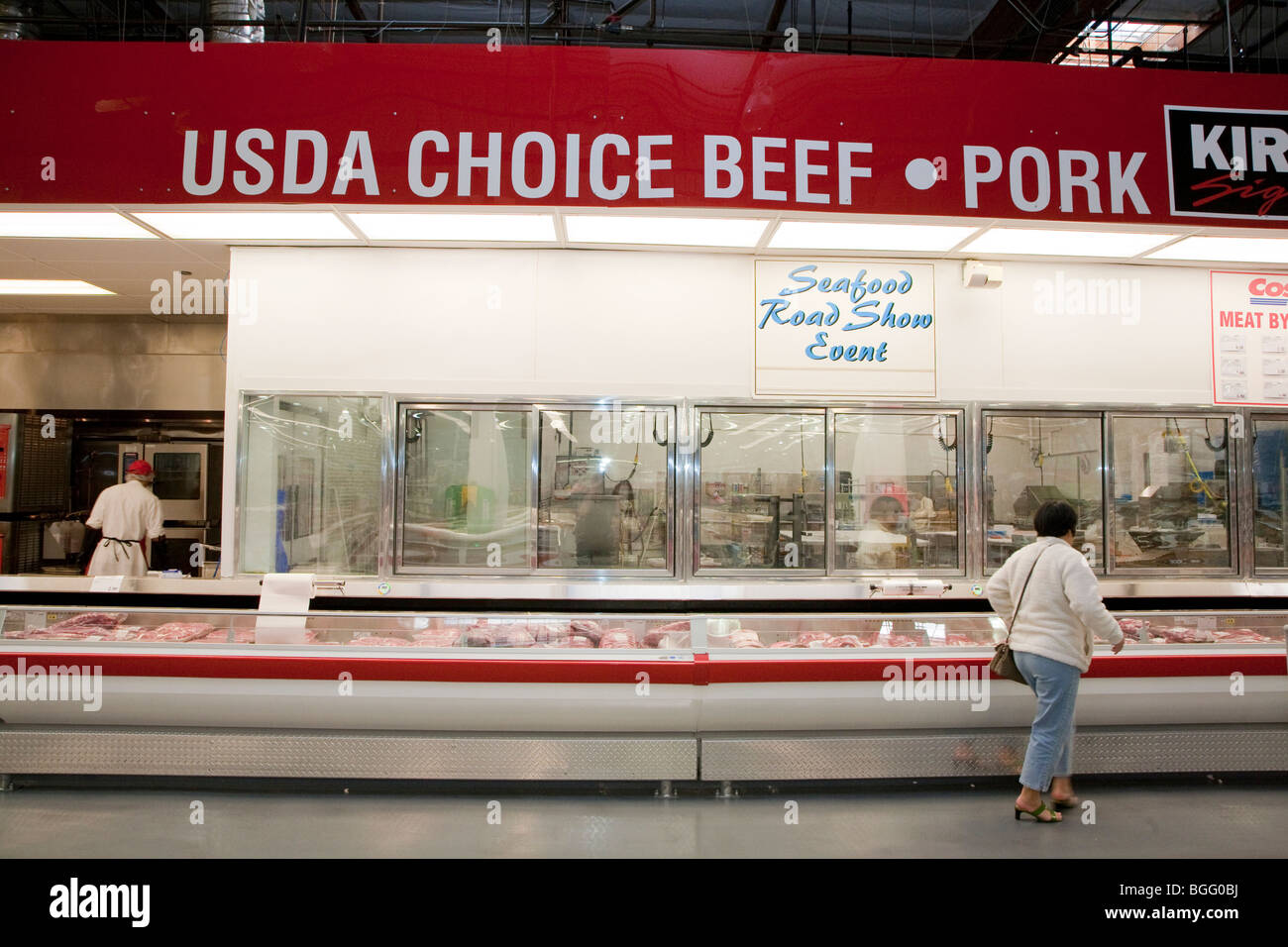 Meat and poultry section at Costco selling USDA Choice Grade Beef. Costco, California, USA Stock Photo