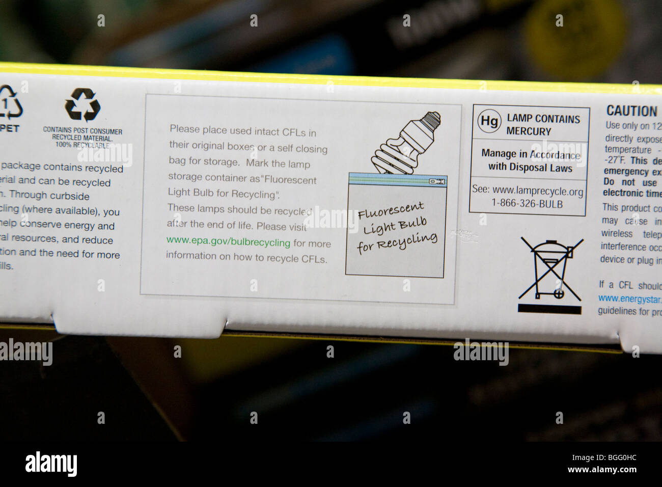 CFL recycling instructions on bottom of CFL packaging next to warning