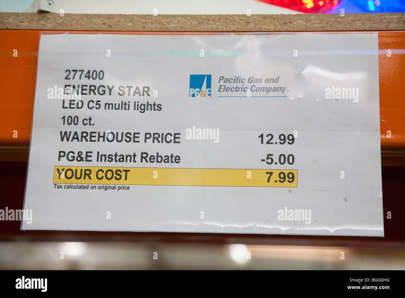 Close up of sign by Pacific Gas and Electric Company (PG&E) who provides instant rebate on Energy Star rated LED light set Stock Photo