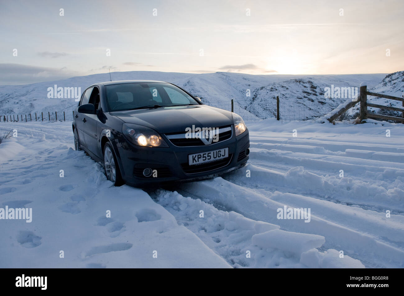 Car stuck in Snow in Rhayader, Wales during 'The Big Freeze' 2010 Stock Photo