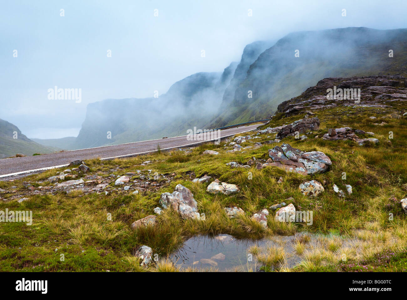 Scotch mist hanging over Bealach na Ba, the Pass of the Cattle, east of Applecross, Highland, Scotland Stock Photo