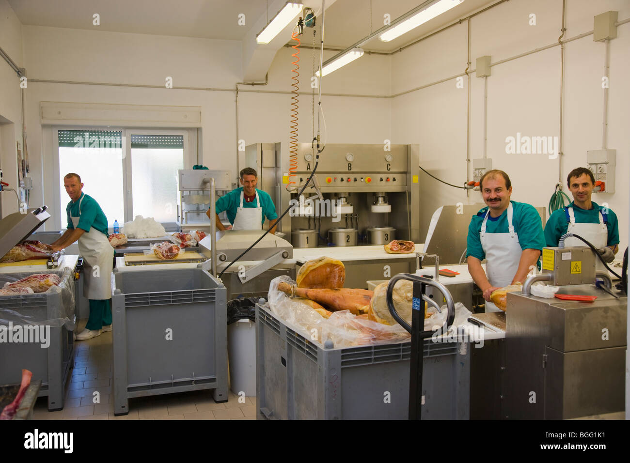 Workers in prosciutto factory, portrait, San Daniele, Friuli, Italy Stock Photo