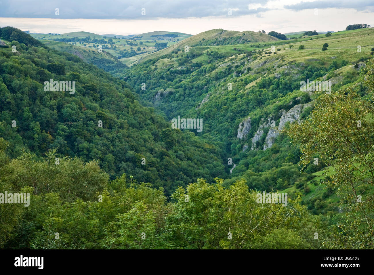 View into the limestone gorge of Dovedale and Lover's Leap from Bunster Hill near Ilam in Derbyshire Stock Photo