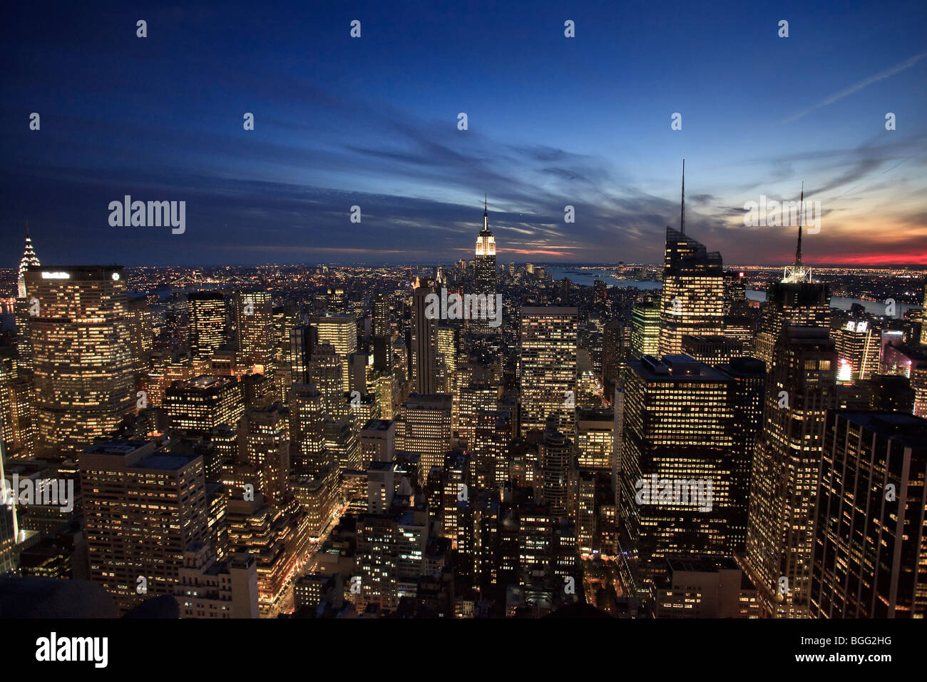 USA, New York, New York City, Empire State Building and lower Manhattan Skyline Stock Photo