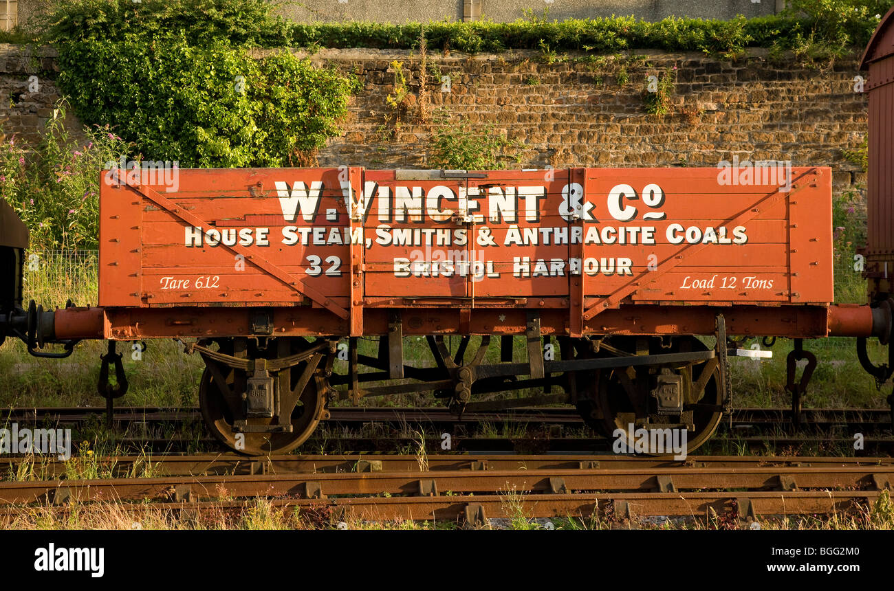 Smartly restored coal truck on permanent display in the sidings at Bristol's floating harbour docks Stock Photo