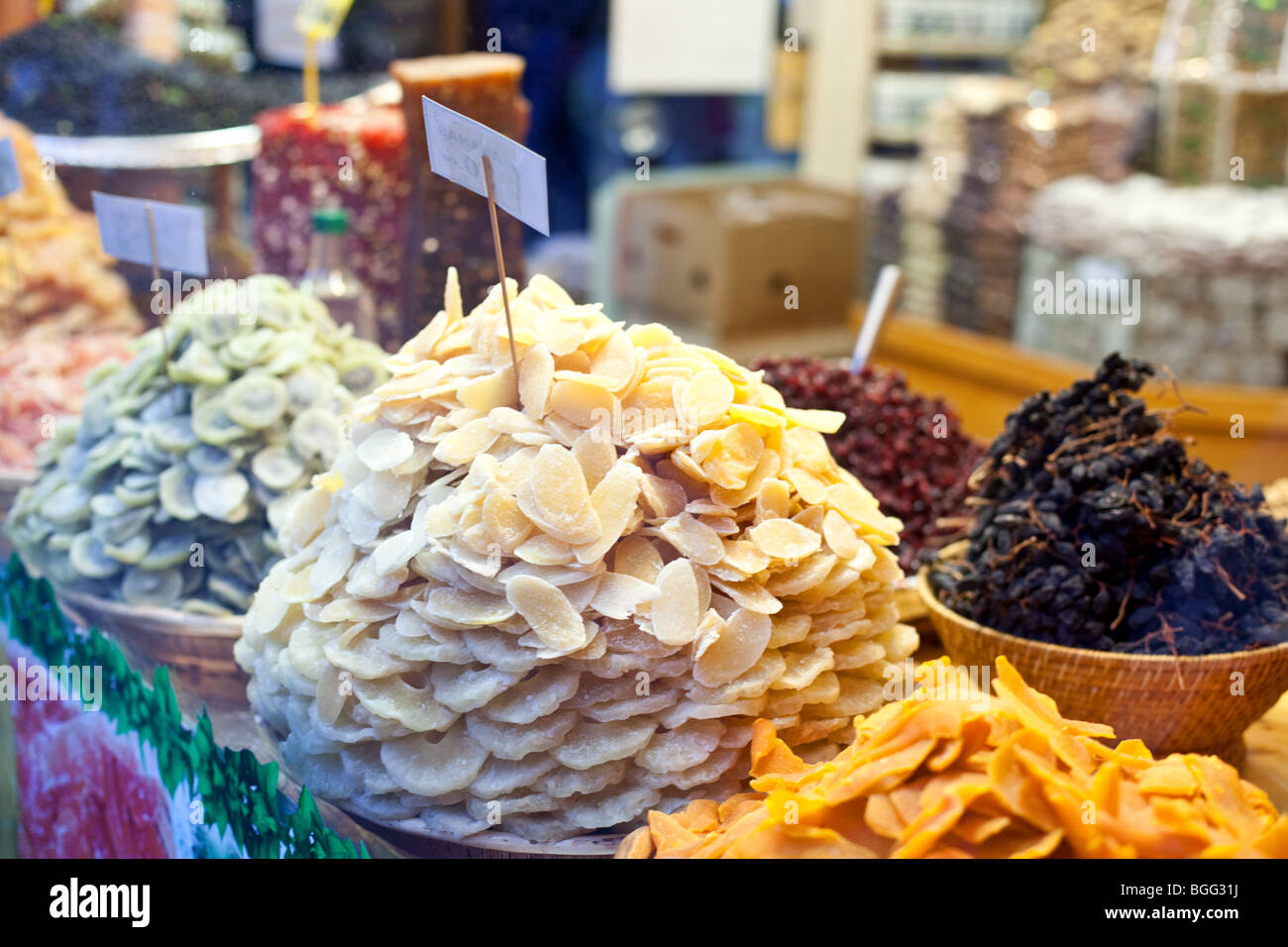 Dried fruits on display in a shop in Kadikoy, Asian side of Istanbul, Turkey Stock Photo
