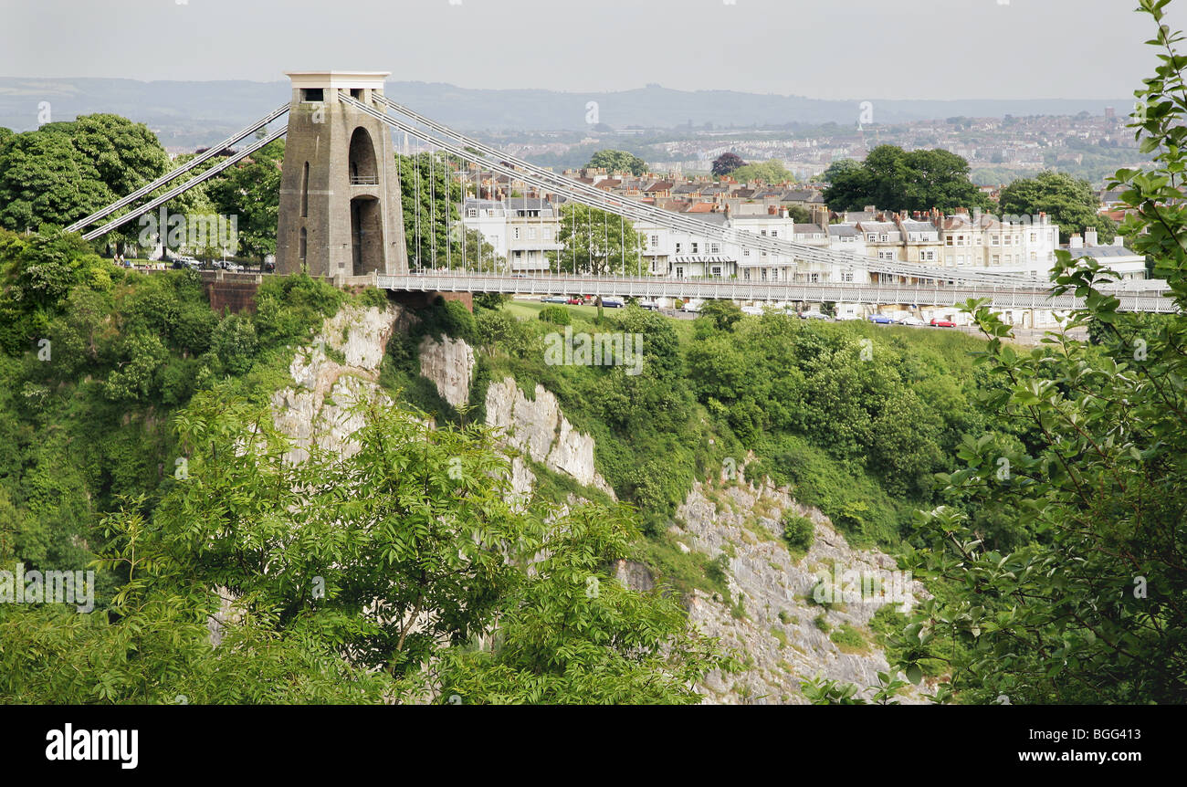 Clifton suspension bridge from Stokeleigh iron age hillfort with the Georgian houses of Sion Hill and Clifton beyond Stock Photo