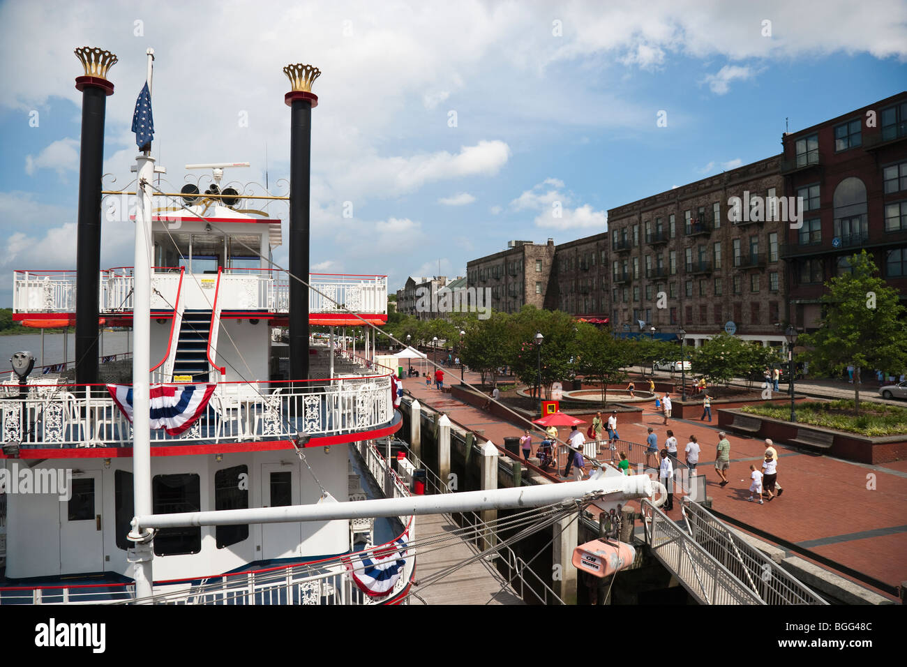 Savannah Riverfront with tour boat Stock Photo