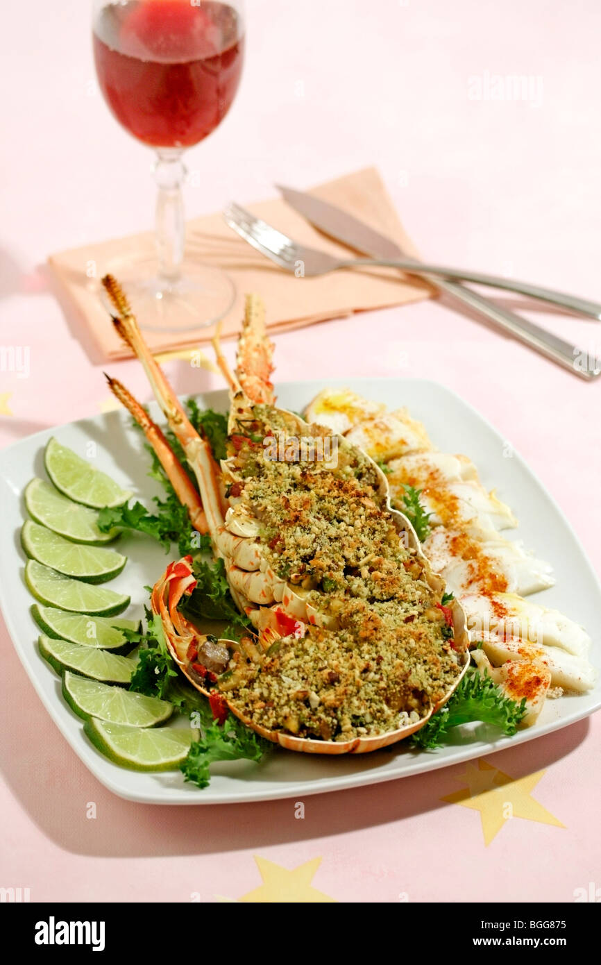 Stuffed lobster with mushrooms. Recipe available Stock Photo Alamy
