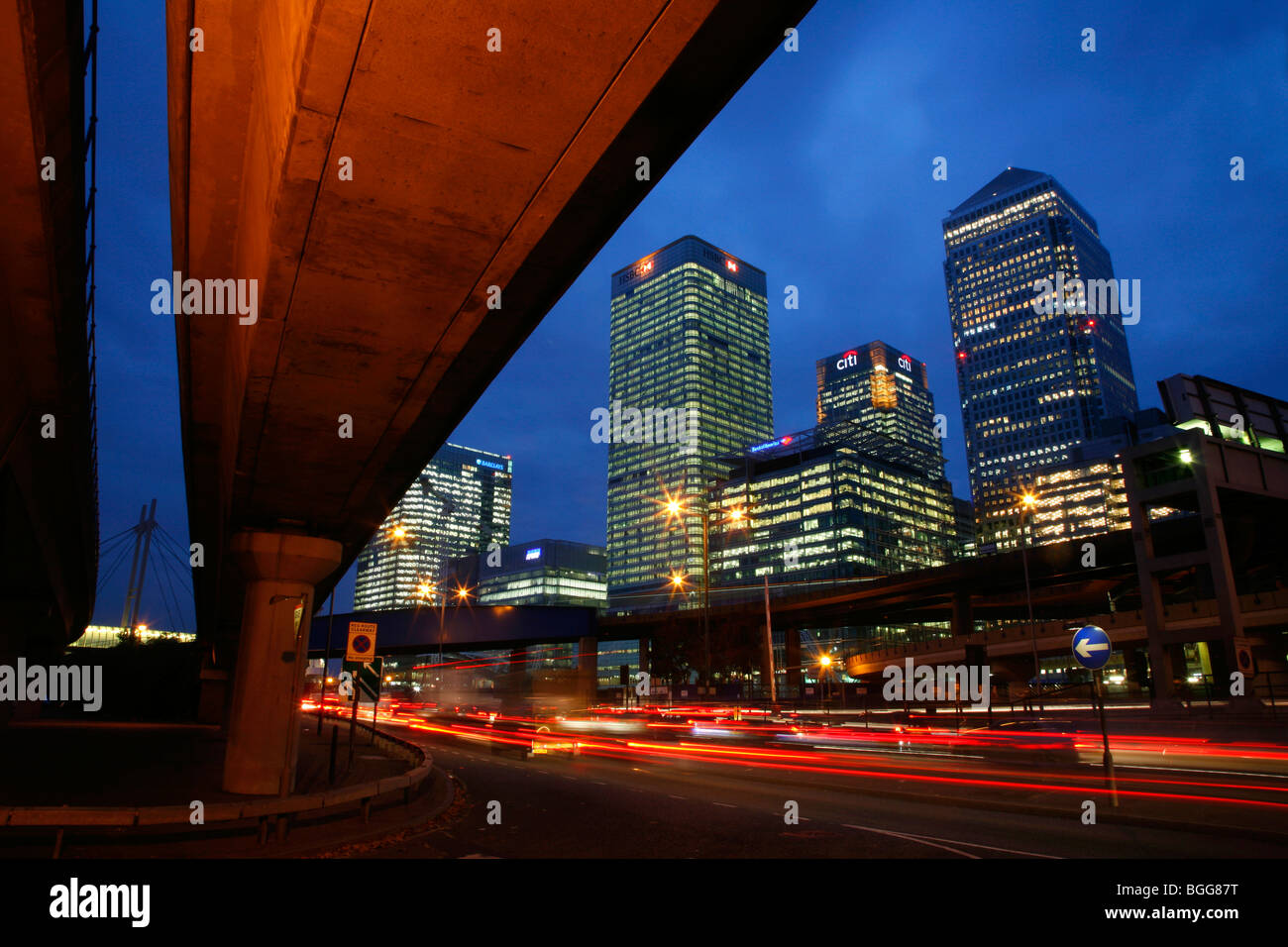 Canary Wharf Tower, HSBC Building and Citi Building seen from Aspen Way, Poplar Stock Photo