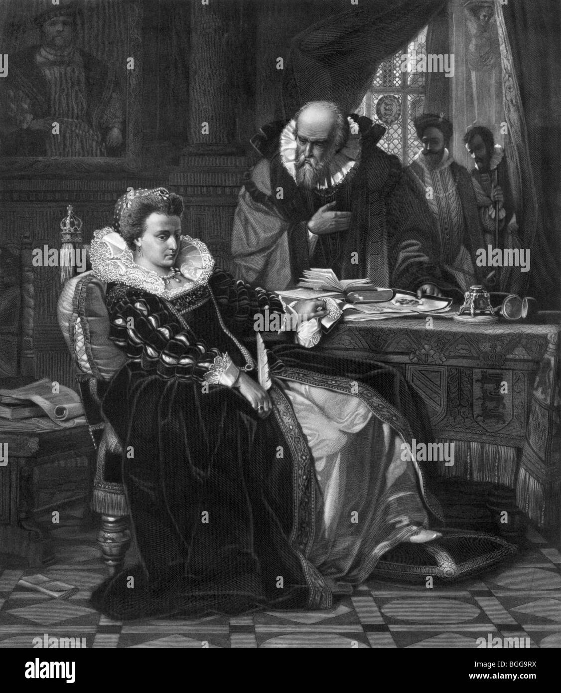 Portrait print of Queen Elizabeth I of England consenting to the execution of Marie Stuart (Mary I Queen of Scots) in 1587. Stock Photo