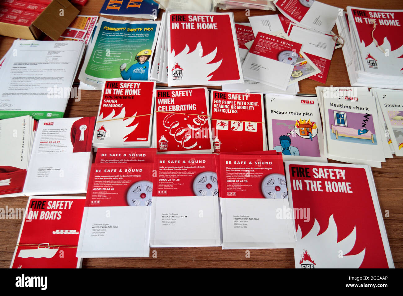 A table of Fire Safety leaflets on display at a London Fire Brigade