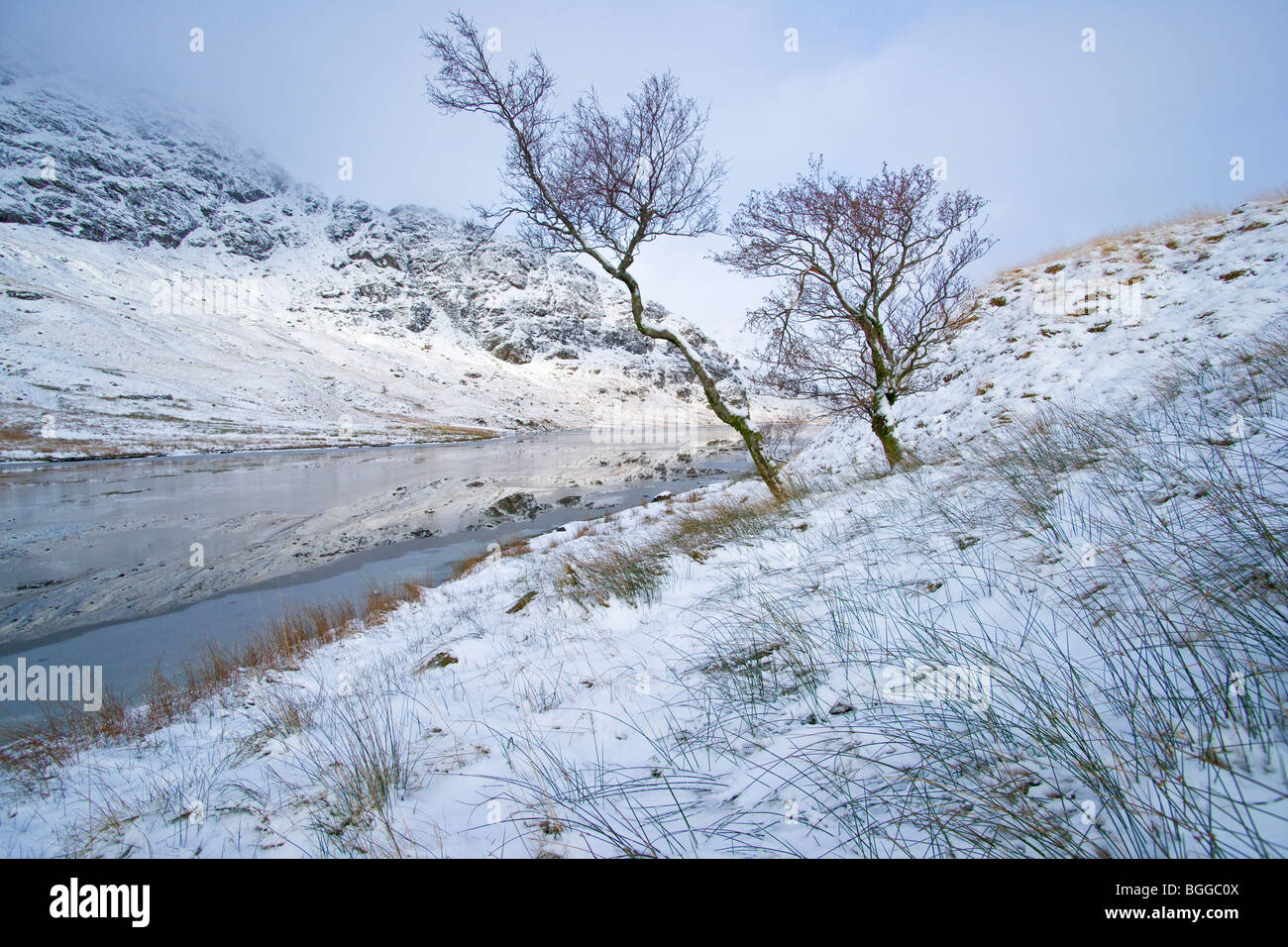 Snow and ice, Loch Restil, Rest and be thankful, Arrochar, Argyll, Scotland, December 2009 Stock Photo