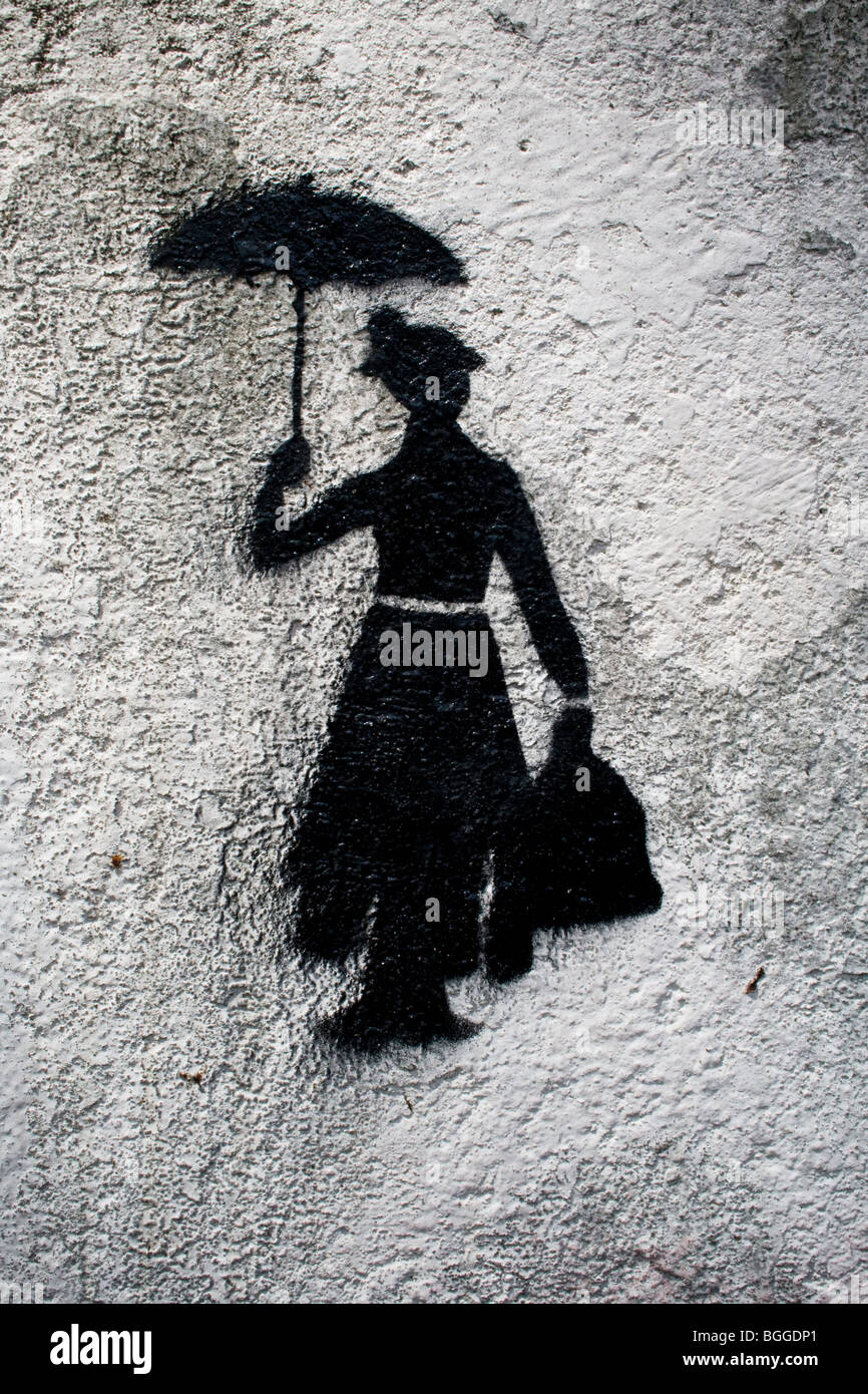 Artistic graffiti of Mary Poppins adorns the wall of a property in Santa Marta, Rio de Janeiro Stock Photo