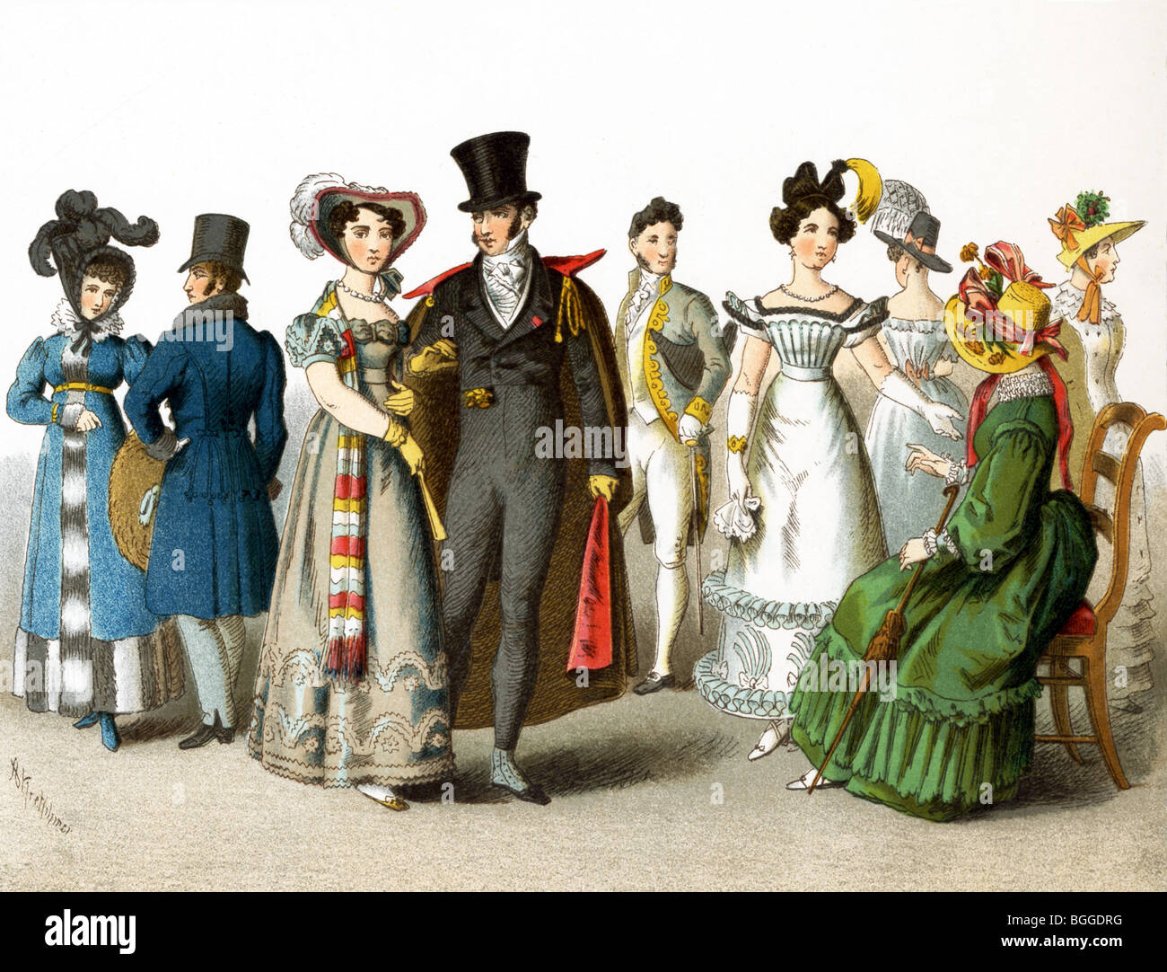 Germans are (left to right): couple in 1814, lady in 1818, gentleman in 1820, gentleman in court costume in 1825, ladies 1824-29 Stock Photo