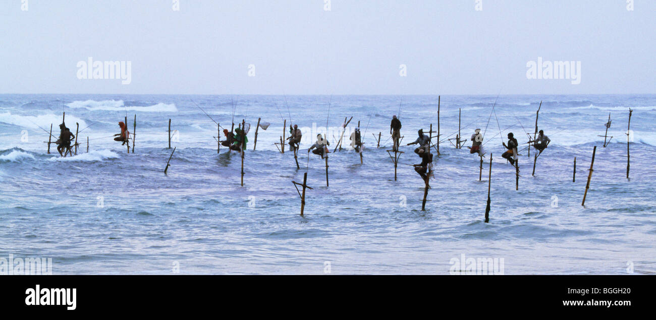 Stilt fishermen in the ocean, Weligama, Sri Lanka Stock Photo