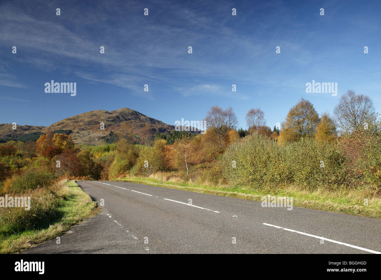 Ben Venue in Autumn, mountain in the Loch Lomond and Trossachs National Park, and the A821 Dukes Pass road trip, Scotland, UK Stock Photo