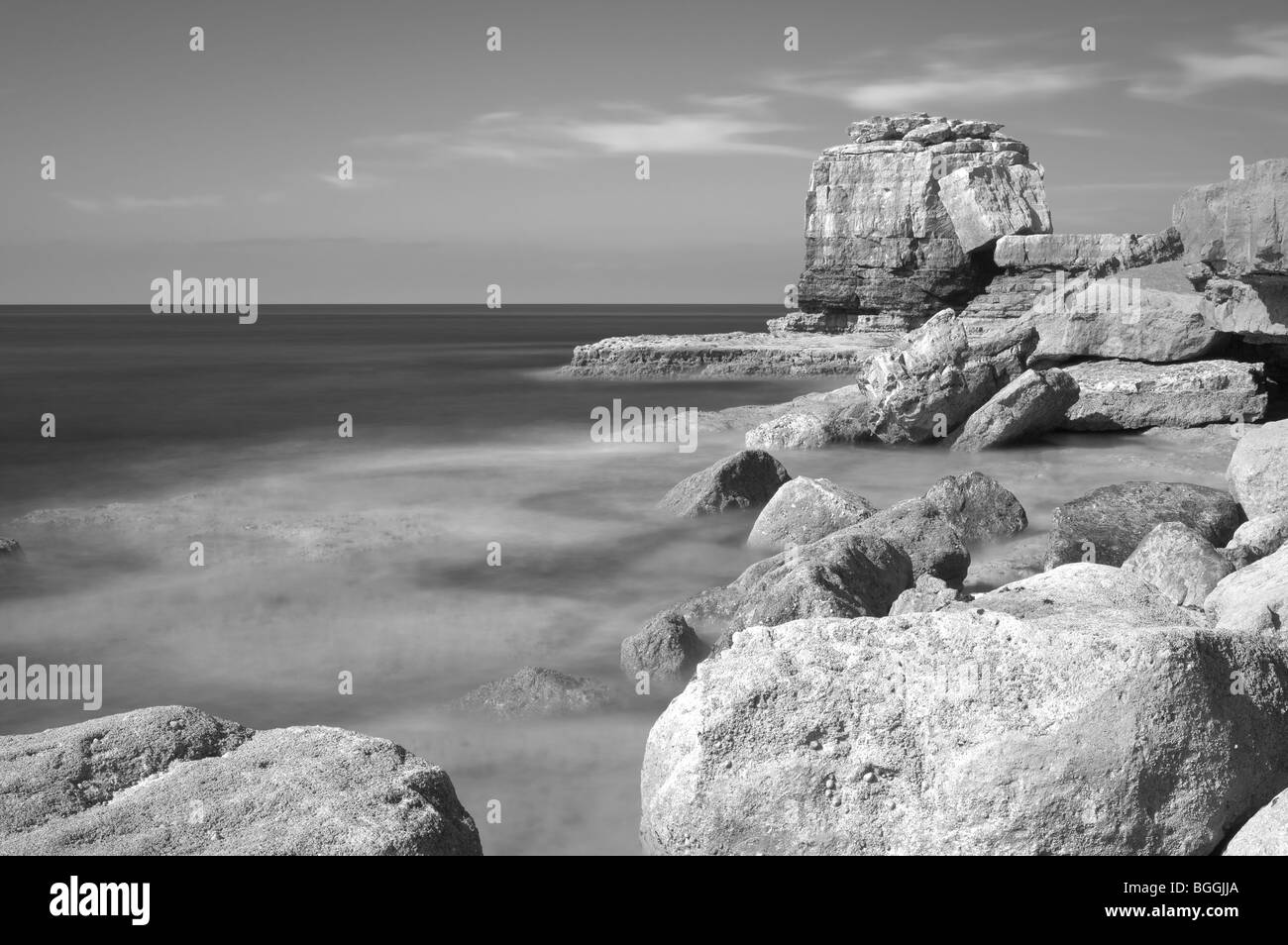 The limestone rocks and coastline of Portland, Pulpit Rock and evidence