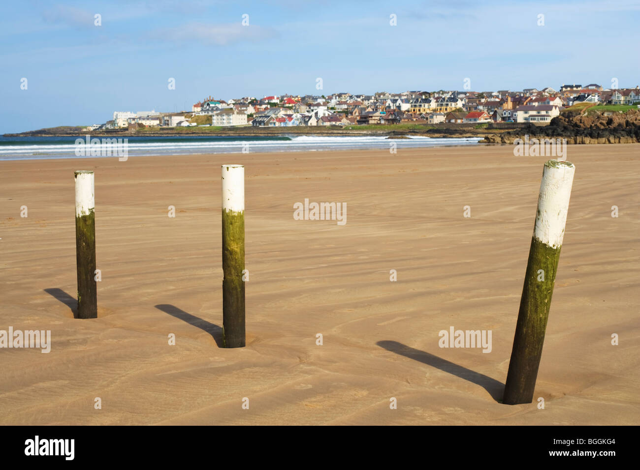 Markers on the beach at Portsteward Strand, a popular resort on the north County Londonderry coast, Northern Ireland Stock Photo