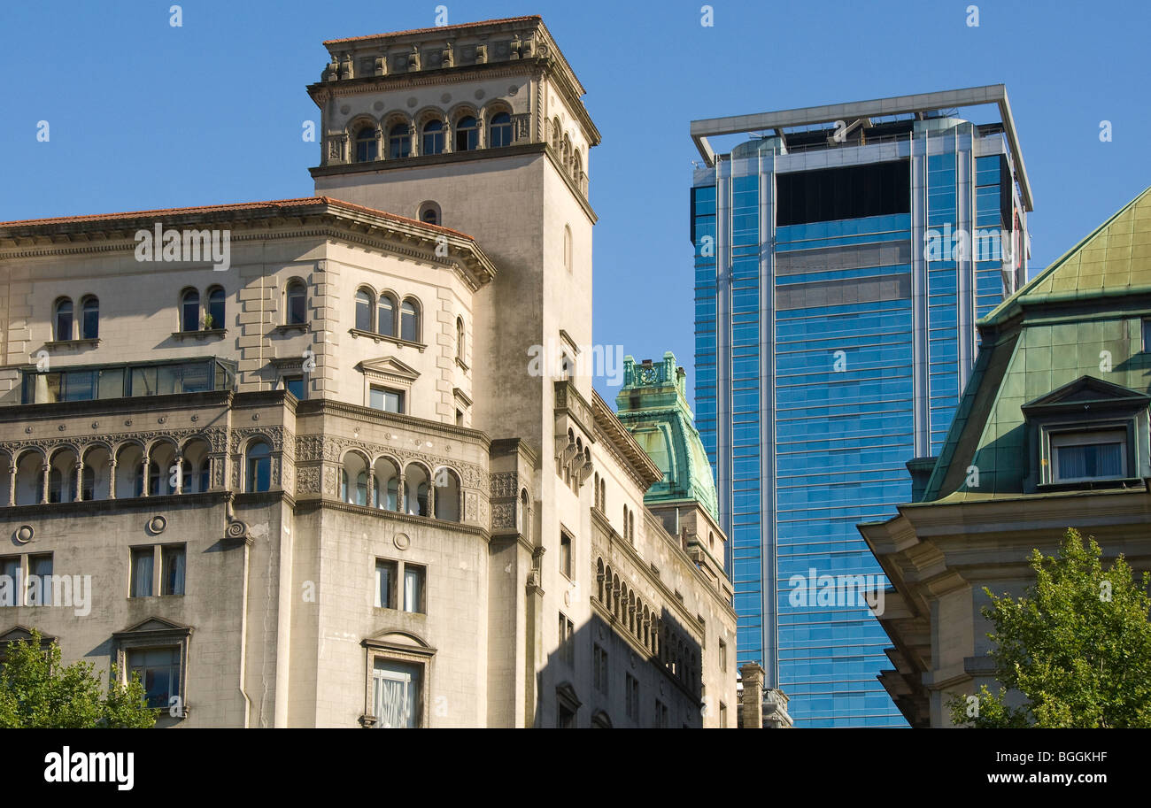 Old and new bank buildings with modern Banco Galicia tower, Standard Bank and National Bank in Buenos Aires, Argentina Stock Photo