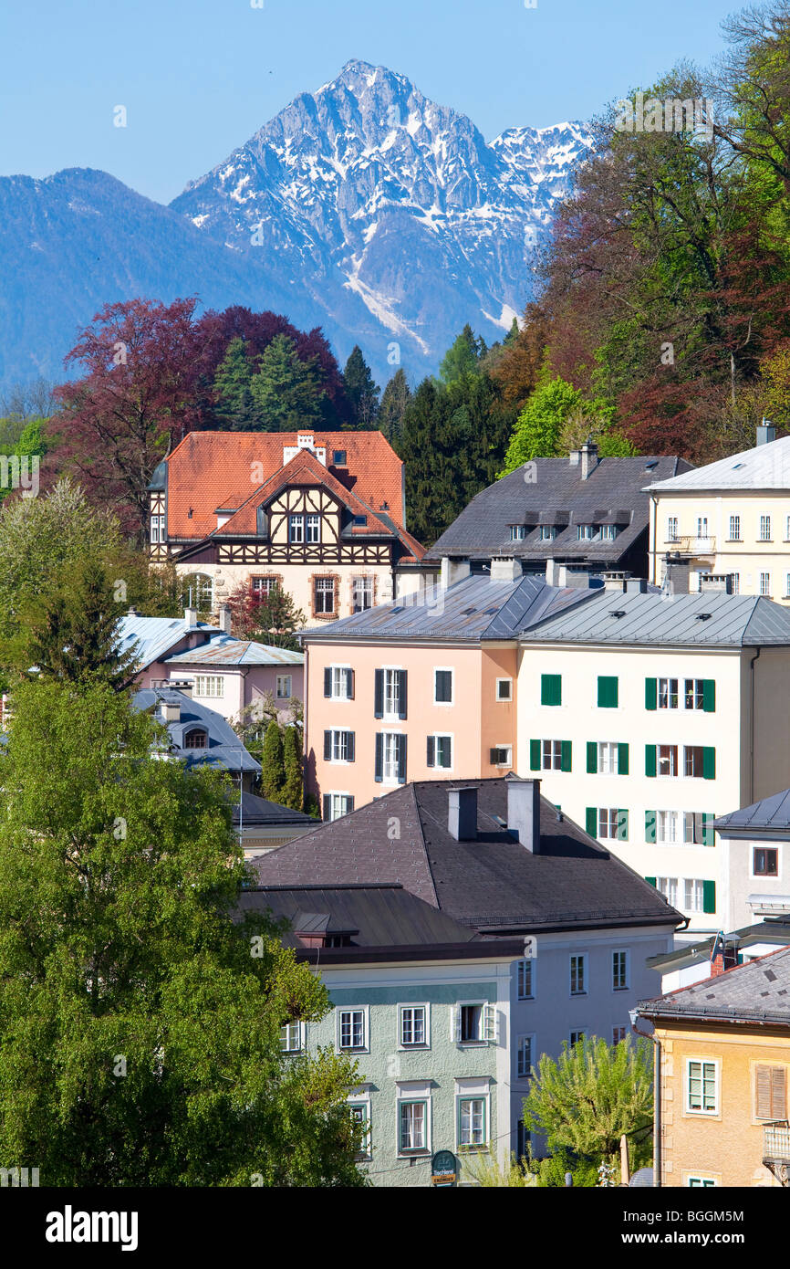 Houses in Salzburg, Chiemgau Alps in the background, Salzburg, Austria