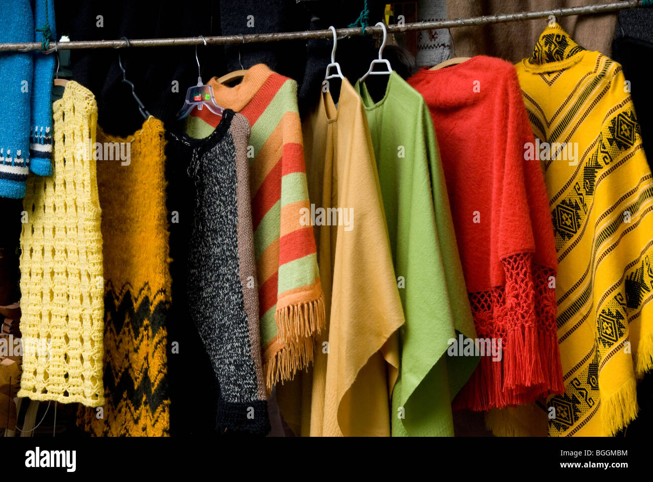 Knitted woolen ponchos in market in Puerto Varas, Los Lagos Region (Lake District) of Chile Stock Photo
