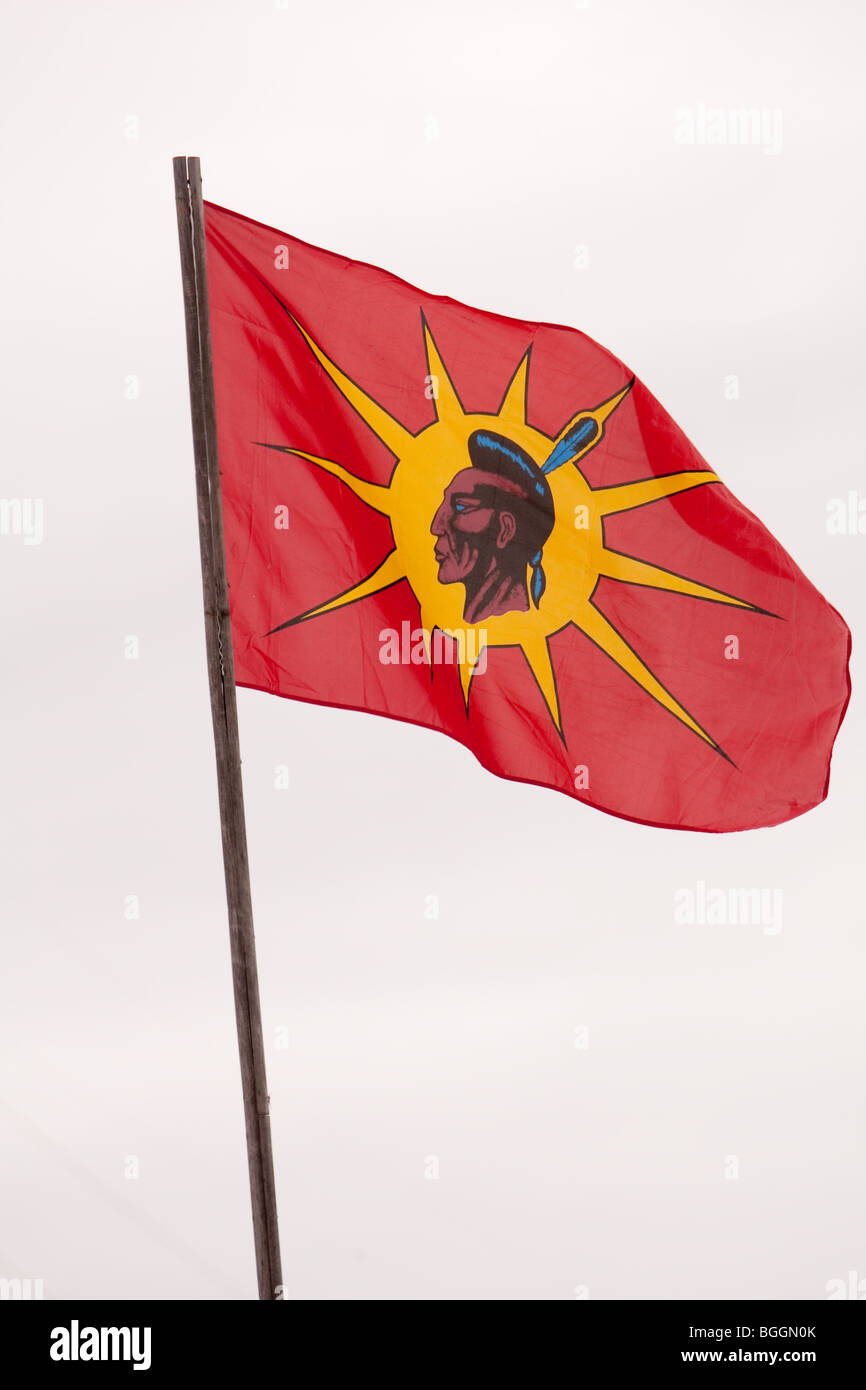 A Mohawk Warriors Society flag flies on a property in the Huron reserve of Wendake Stock Photo