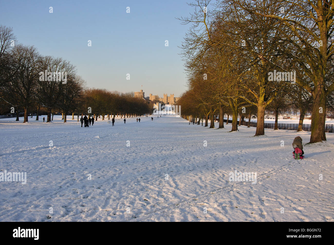 The Long Walk in winter snow, Windsor Castle, Windsor, Berkshire