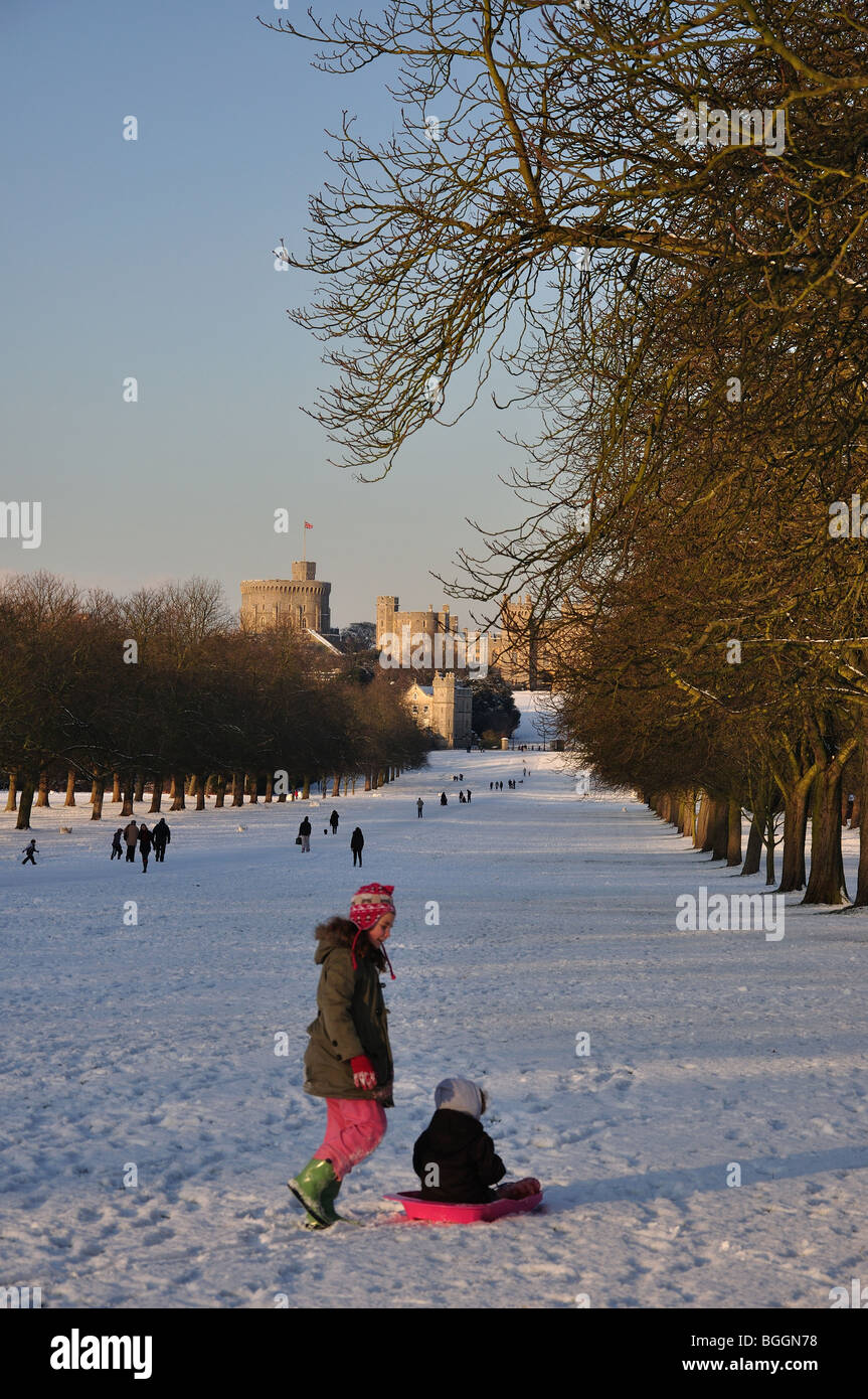 Sledging on The Long Walk in winter snow, Windsor Castle, Windsor