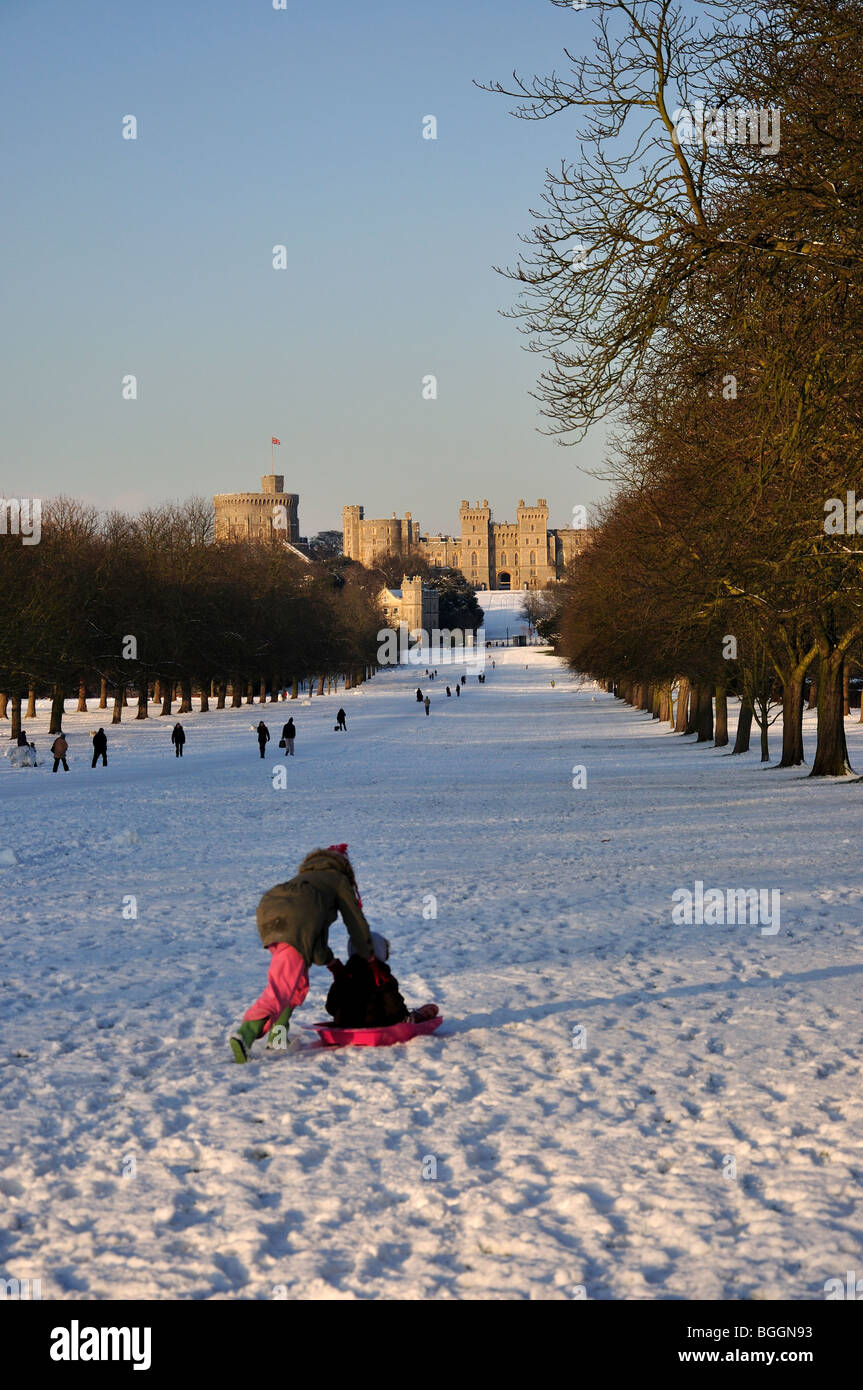 Sledging on The Long Walk in winter snow, Windsor Castle, Windsor