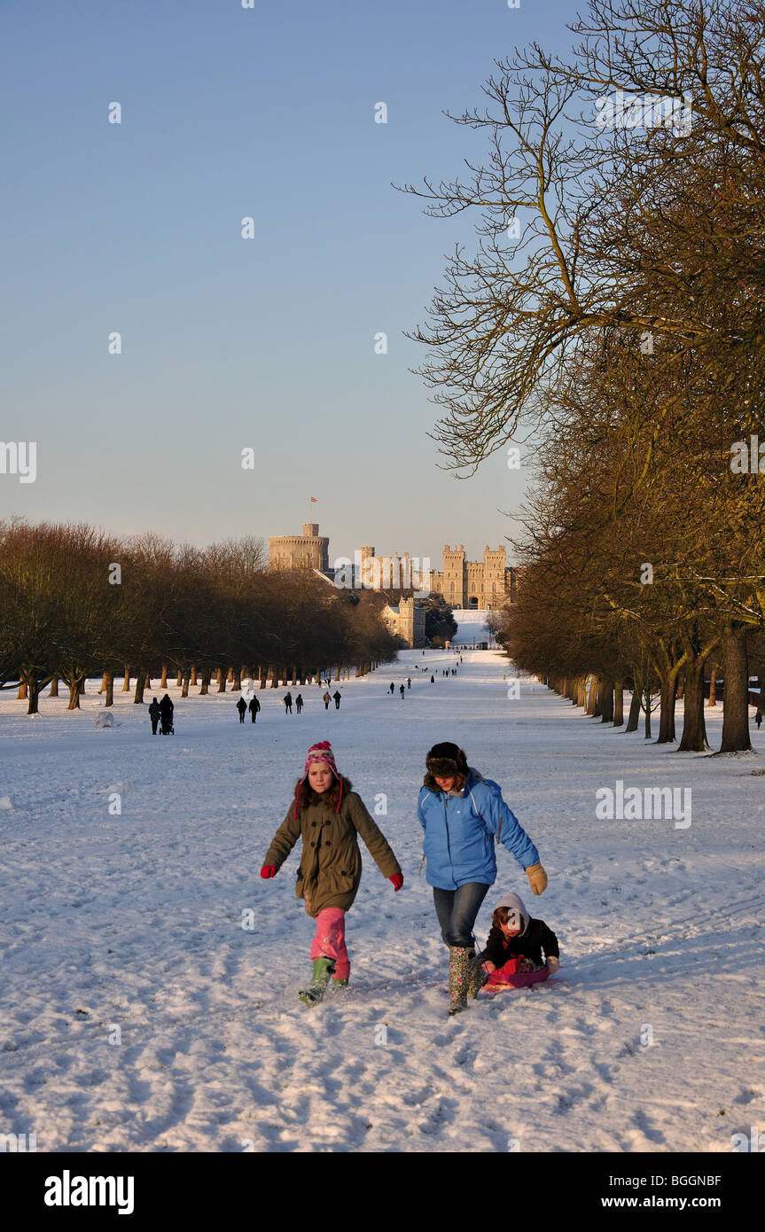 Sledging on The Long Walk in winter snow, Windsor Castle, Windsor