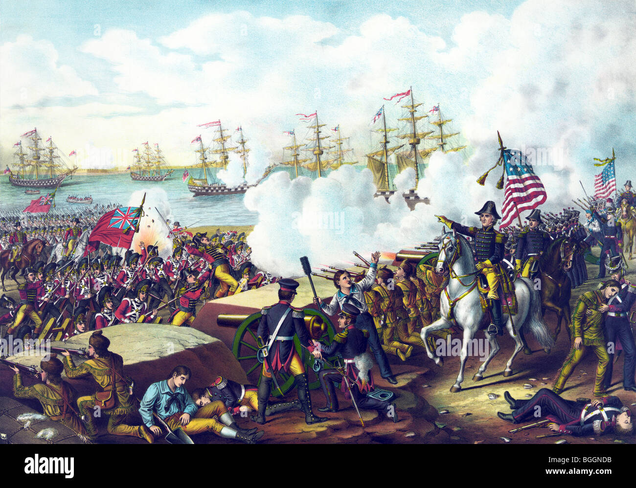 Print depicting the final day of the Battle of New Orleans on January 8 1815 in which US forces defeated the British Army. Stock Photo