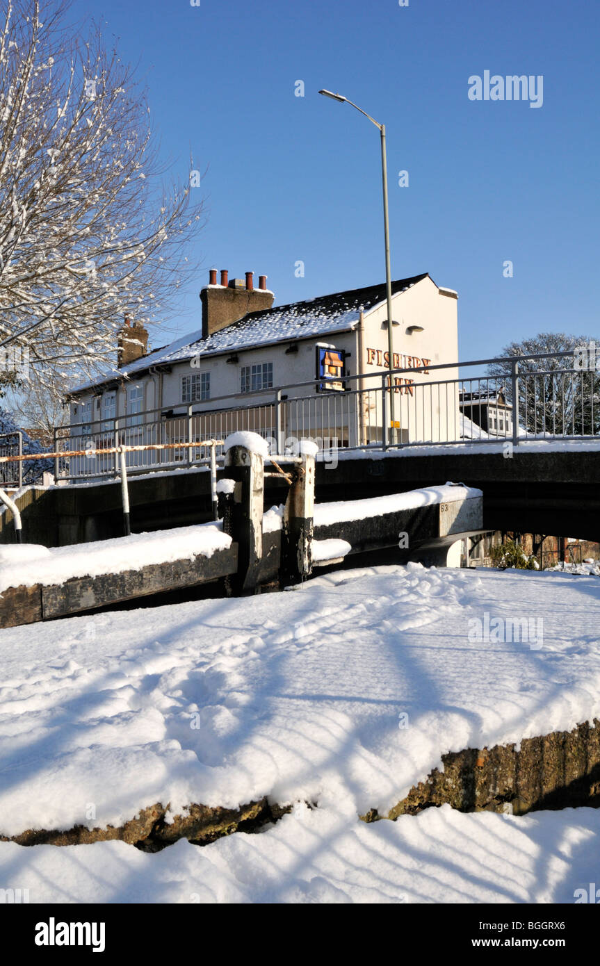 Grand Union Canal lock in winter, Hertfordshire, UK. Stock Photo