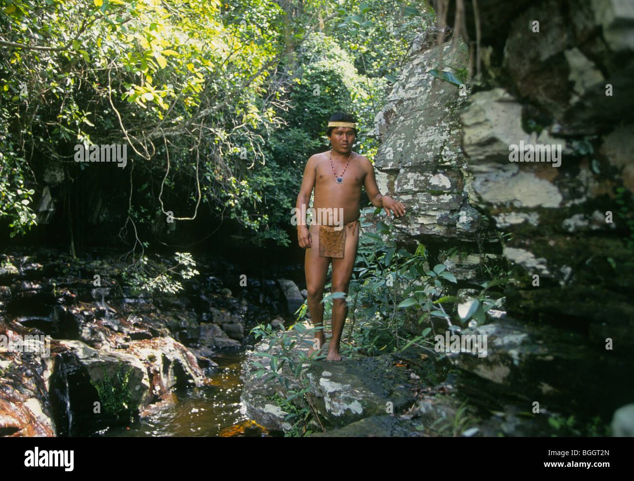 A Pemon Indian man in the dense rain forest of the Gran Sabana in Venezuela, near Angel Falls Stock Photo