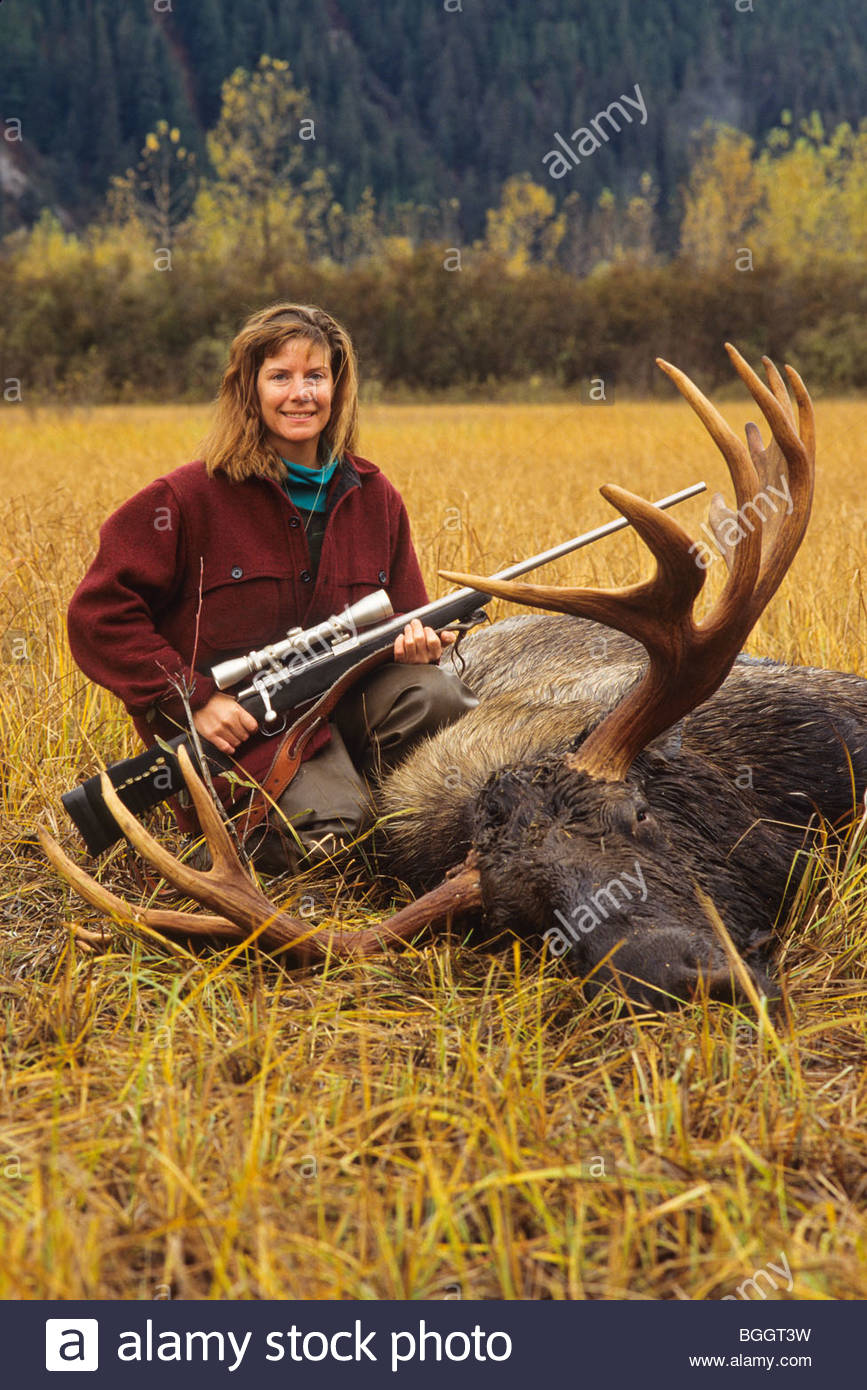 Alaska Female Moose Hunter Bull Stock Photos & Alaska Female Moose