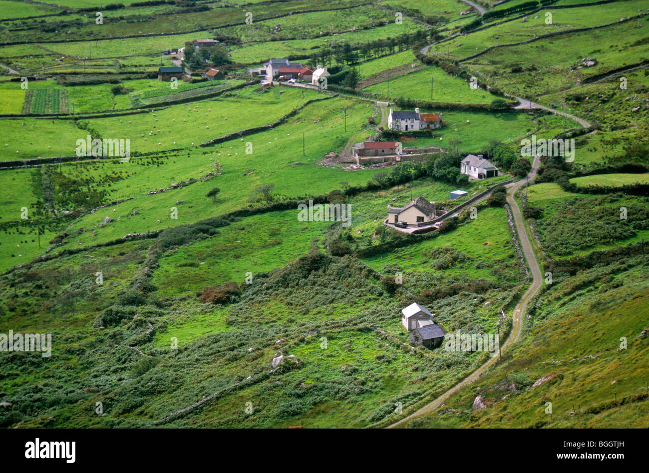 Irish countryside of houses and fields, Ring of Kerry, near Caherdaniel