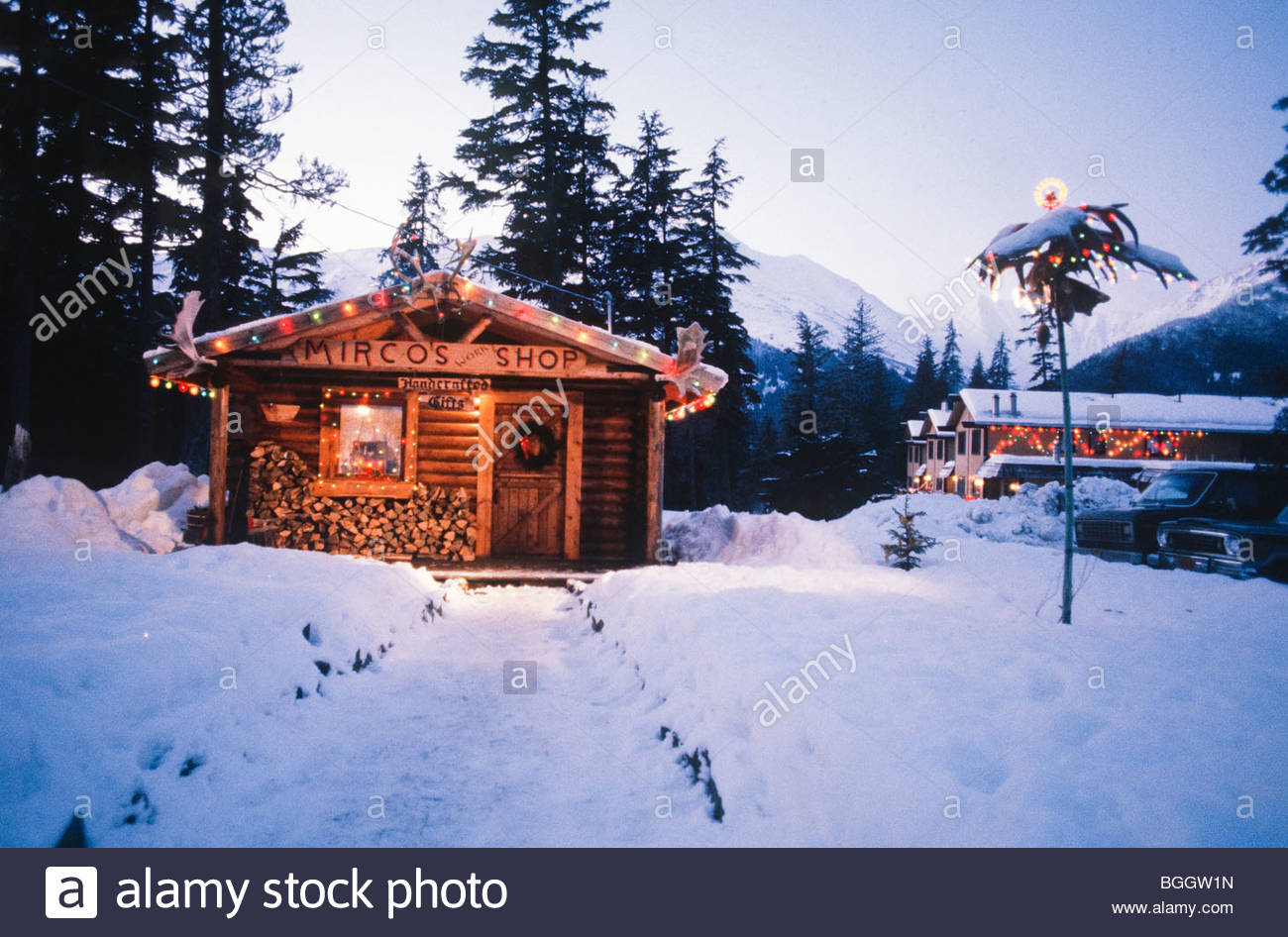 Alaska Girdwood Chugach Mountains Log Cabin At Christmas Stock