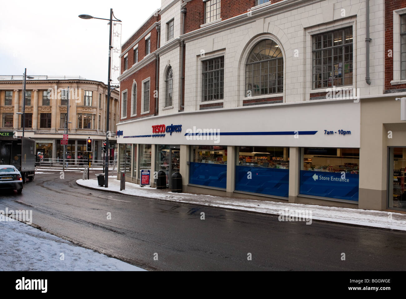 The new Tesco express - Around Norwich in the UK Snowfall of early January 2010. Stock Photo