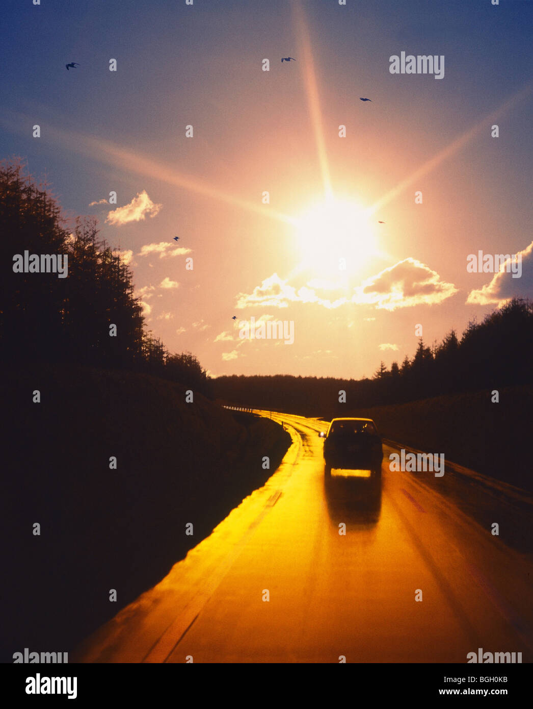 Car Driving On Road During Sunset Stock Photo Alamy