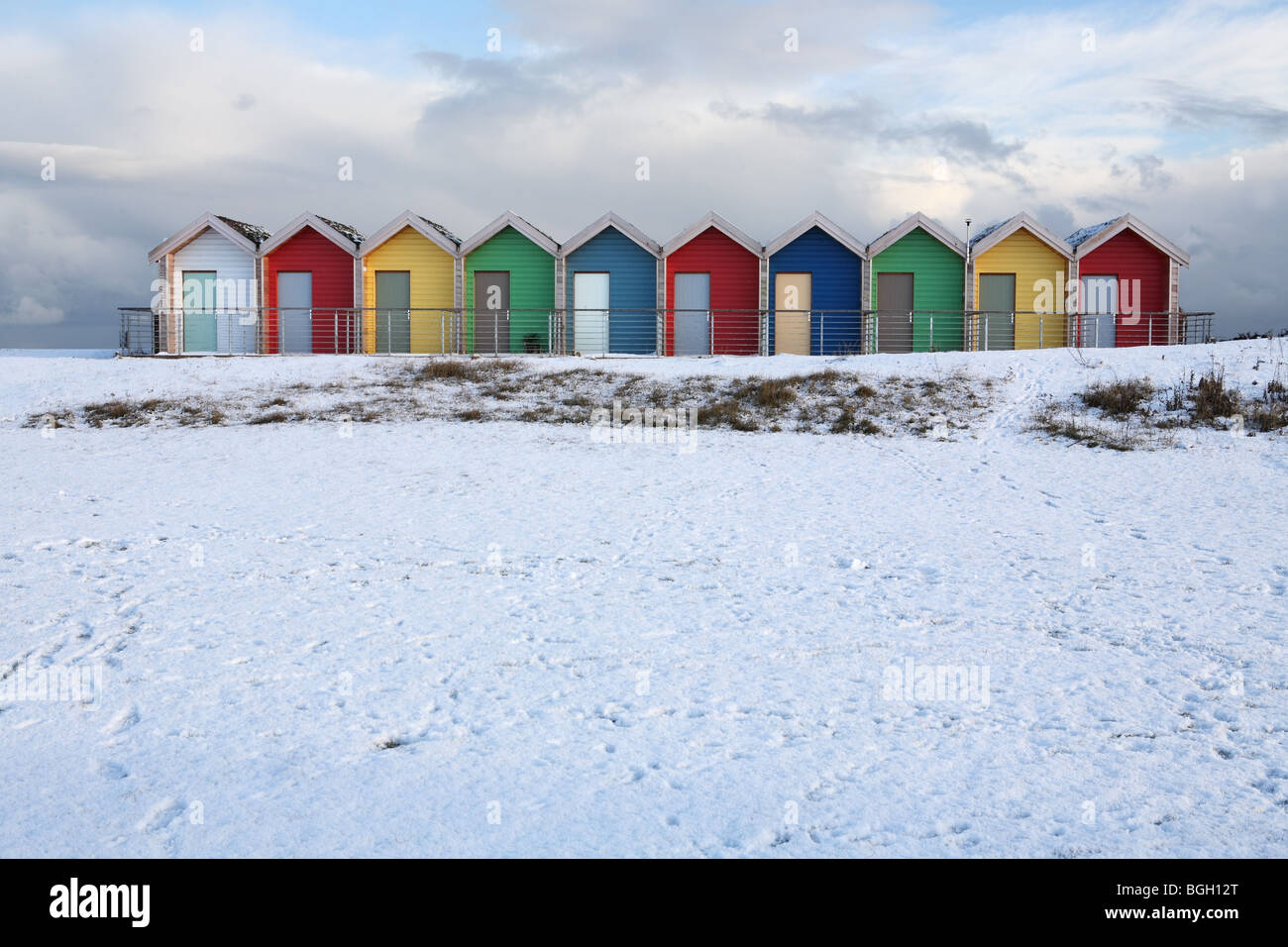 Beach huts at Blyth in wintertime, Northumberland, UK Stock Photo